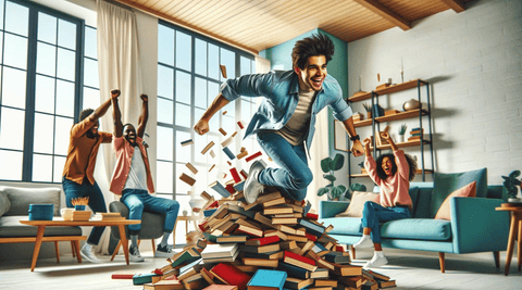 A person breaking free from a pile of books, overcoming a reading rut with book club support
