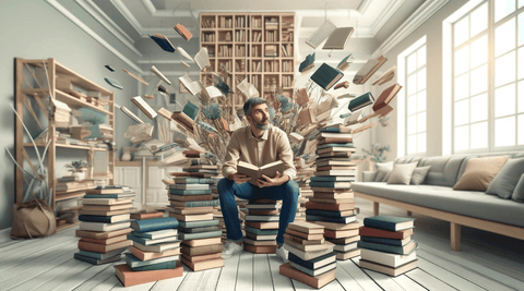 A person surrounded by various genres of books, symbolizing literary exploration in a book club