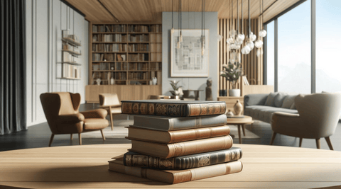 A stack of vintage classic books on a wooden table