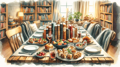 A table set with food and books for a book club meeting