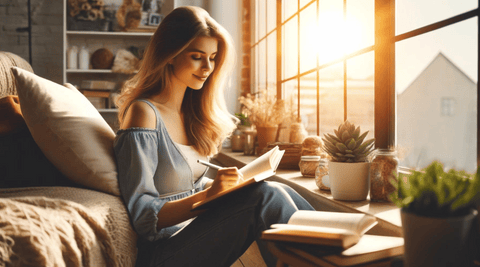 A woman by a window reading and using a book list tracker in a bright, cozy room.