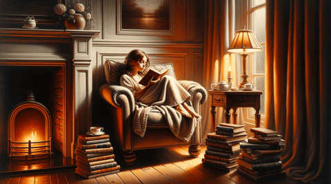 A young girl reading a classic novel in a cozy armchair