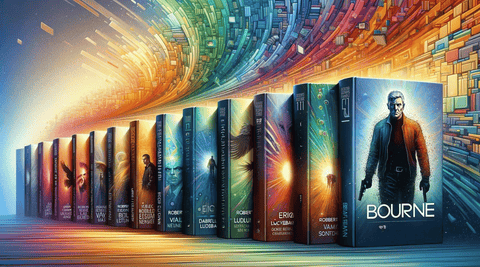 An artistic portrayal of the evolution of the Bourne series with multiple authors