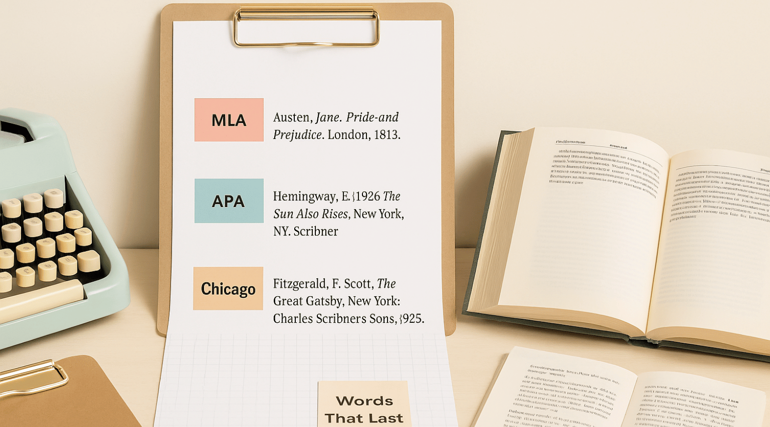 Citation examples for MLA, APA, and Chicago style on a printed sheet, styled with pastel desk items and a vintage typewriter on a bright desktop.