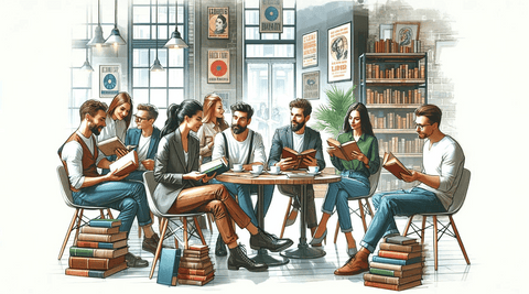 Classic literature enthusiasts discussing  and reading their favorite retro books in a cafe