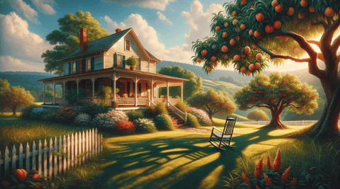 Illustration of a Southern landscape with a charming house and lush peach trees