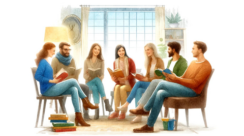 Illustration of a diverse group of people sitting together and happily discussing books