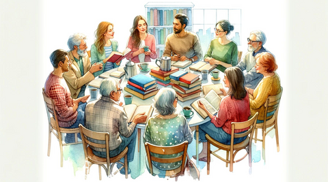 Illustration of a group of individuals gathered around a table with books and coffee
