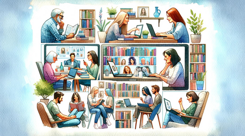 Illustration of a virtual book club meeting with participants connecting online