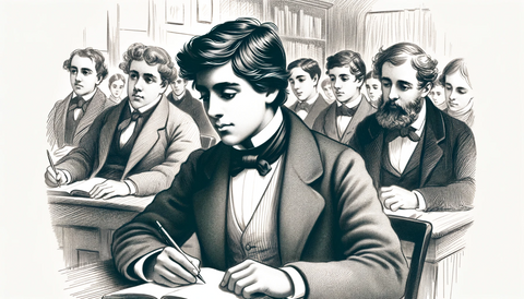 Illustration of a young Ralph Waldo Emerson in a classroom setting,