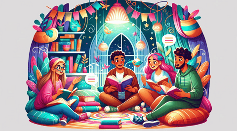 Illustration of players engaging in a collaborative storytelling game inspired by books