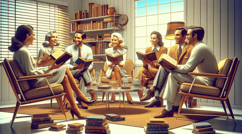 Illustration of vintage book club members discussing classic literature