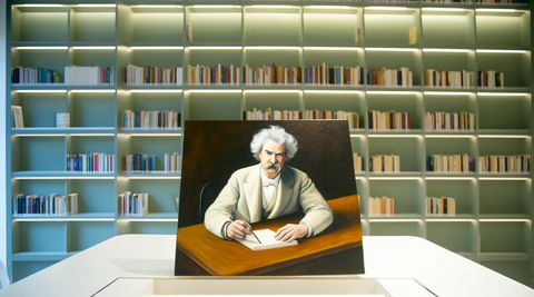 Mark Twain writing at his desk