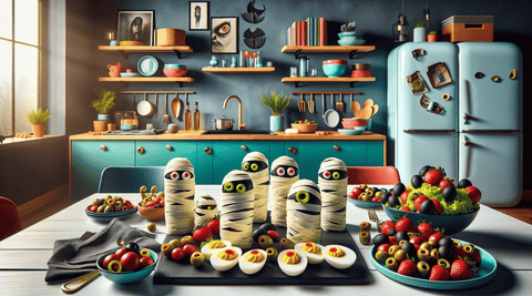 Spooky snacks for horror novels including mummy-wrapped sausages and eyeball deviled eggs