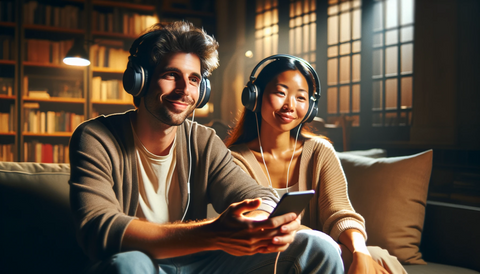 Two people sitting on a couch, holding books and discussing their thoughts in their unique two person book club