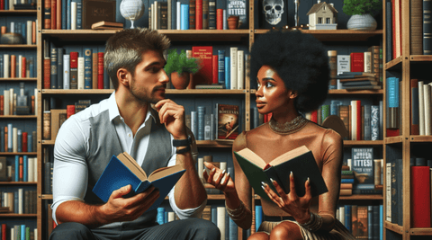 Two people discussing a book in a book club with a diverse range of genres and themes