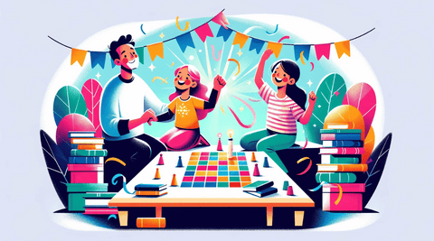 Vibrant illustration of a family playing a literary guessing game, perfect for book lovers of all ages