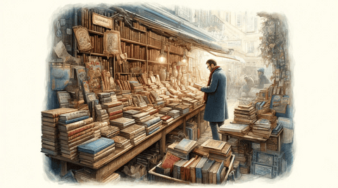 a person Exploring rare and collectible books at a dusty flea market full of great old books