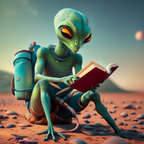 an alien reading a book, representing classic science fiction and fantasy novels
