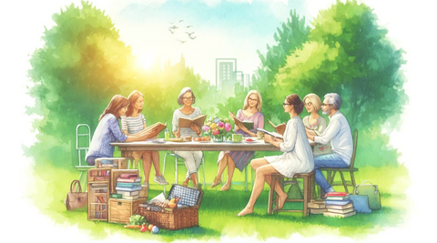 book club meeting outside  in a park on a picnic table in the summer with members exploring various genres and themes