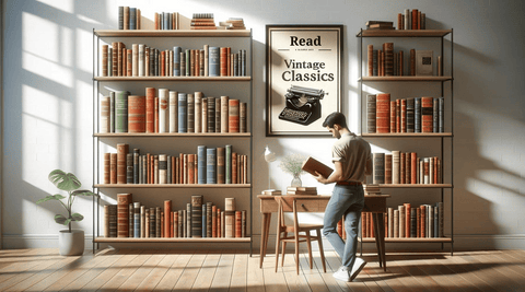bookshelf filled with an array of literary masterpieces with a person standing engrossed in a vintage book