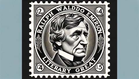 vintage postage stamp highlighting Emerson's profile and his literary significance.