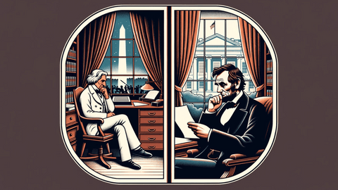 one side featuring Emerson in his study, writing, and the other side depicting Lincoln in the White House, pondering over a document.