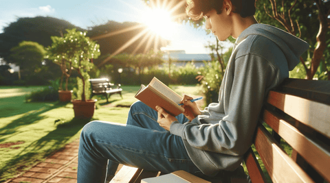 person in a park reading and makeing notes in a book