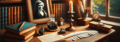 study room, featuring writing essentials and a framed image of Emerson.