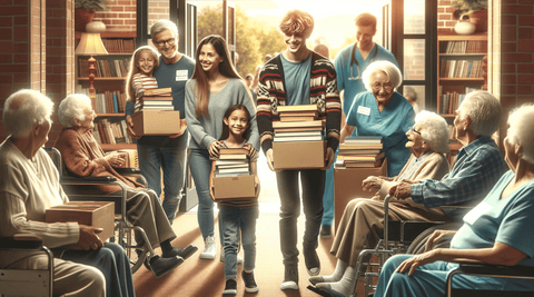 family donating books to a nursing home