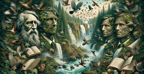 a collage featuring the portraits of iconic authors in the field of vintage nature books, such as Rachel Carson, John Muir, Henry David Thoreau, and Ralph Waldo Emerson, surrounded by elements of nature like trees and birds.