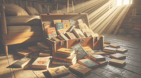 trunk in attic full of vintage paperback books