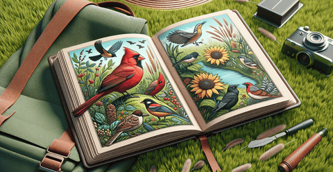 a pocket-sized nature guide opened to a page that shows color illustrations of different birds and plants, demonstrating its utility for outdoor adventures.