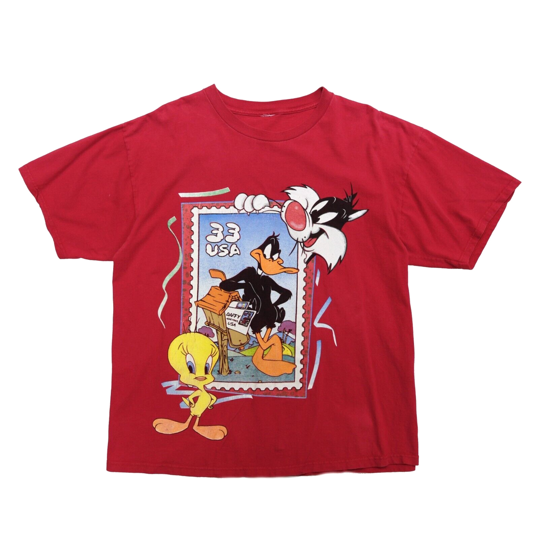 Vintage Looney Tunes Stamp T-Shirt Size Large Red Tweety Daffy