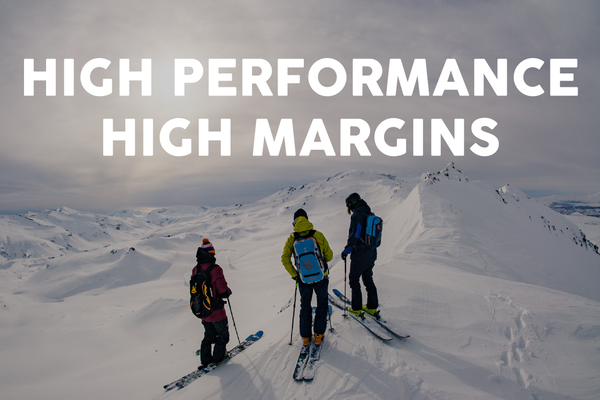 High Performance High Margin text overlaid on ski photo