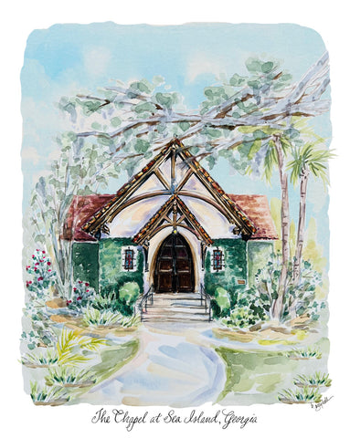 The Chapel at Sea Island Watercolor Painting, Sea Island Georgia