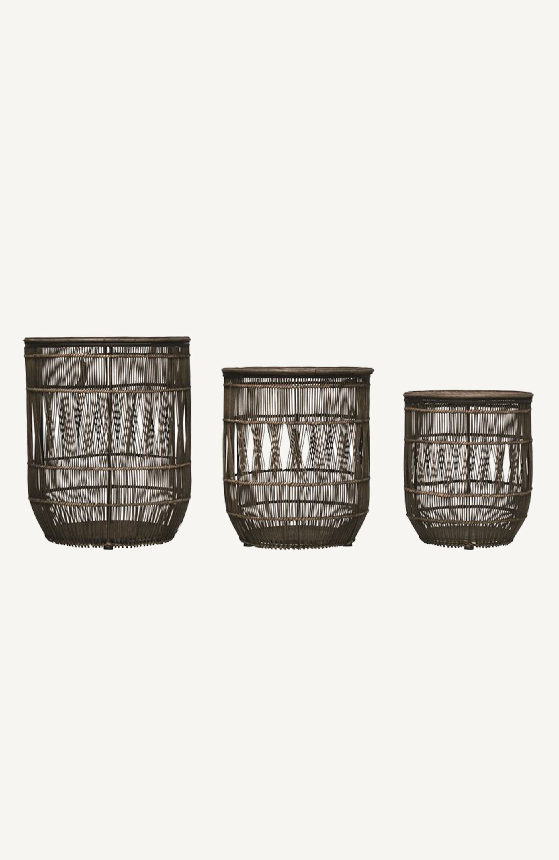 Distressed Black Bamboo & Rattan Baskets w/ Lid