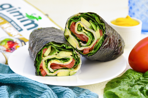 Image of a turkey wrap using nori seaweed sheets instead of tortillas