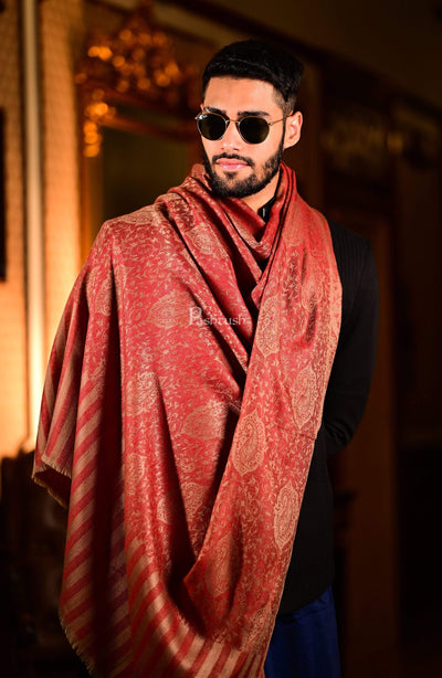Pashtush India 70x200 Pashtush Mens Soft Wool, Reversible Stole Scarf, Self Paisley Weave, Ruby