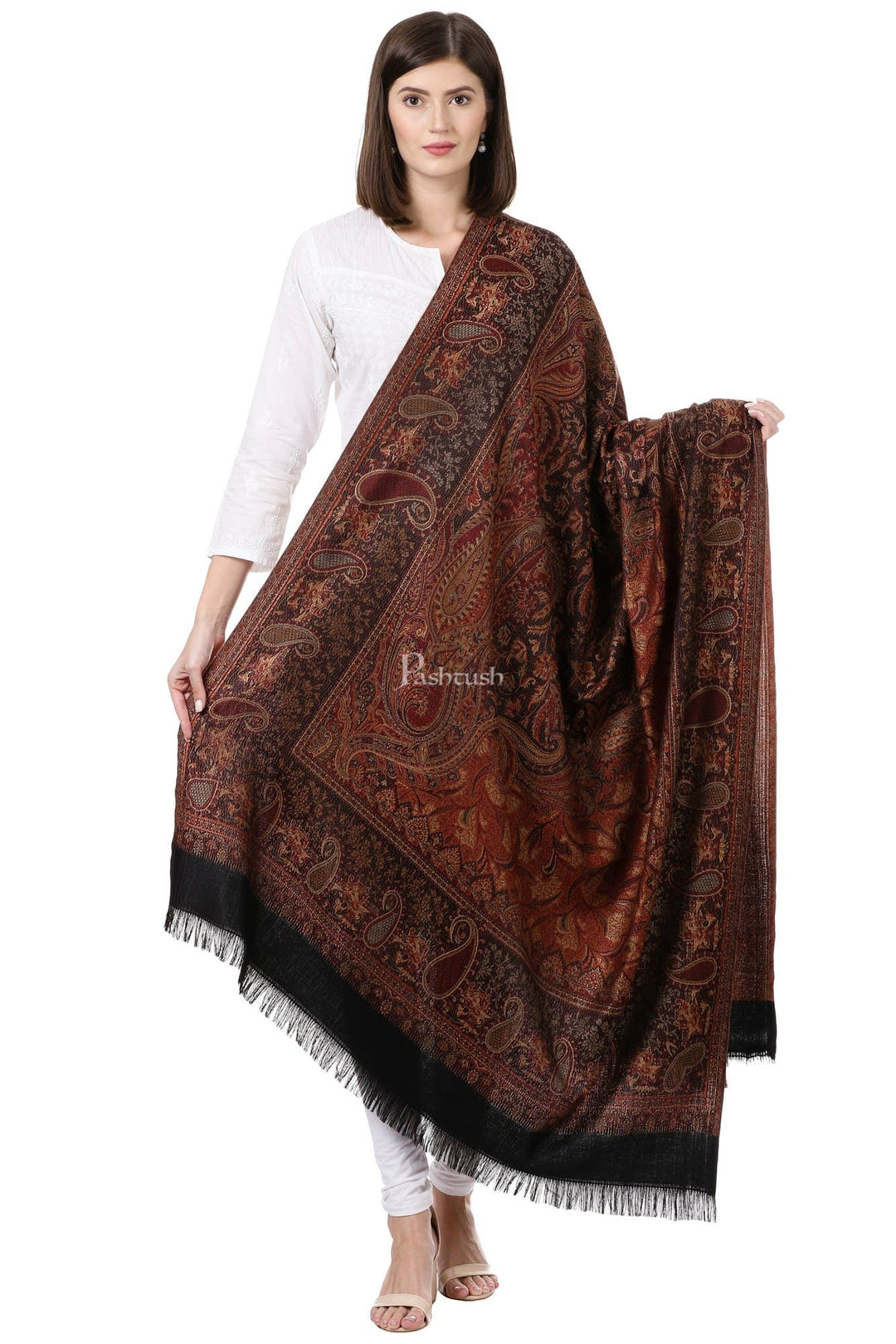 Pashtush women faux pashmina shawl, ethnic weave design, black