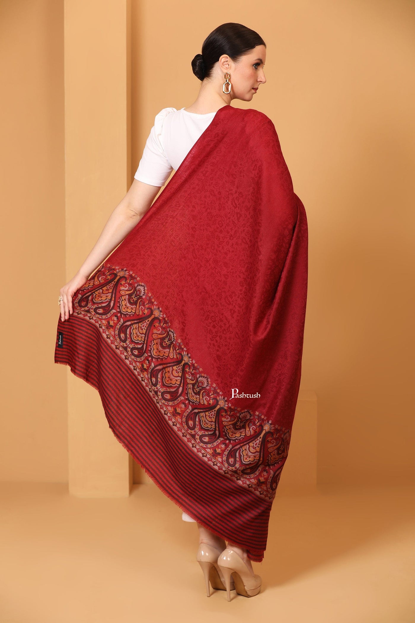 Pashtush India Womens Shawls Pashtush Womens Fine Wool Shawl, Woven Design, Ethnic Weave Palla, Crimson Maroon