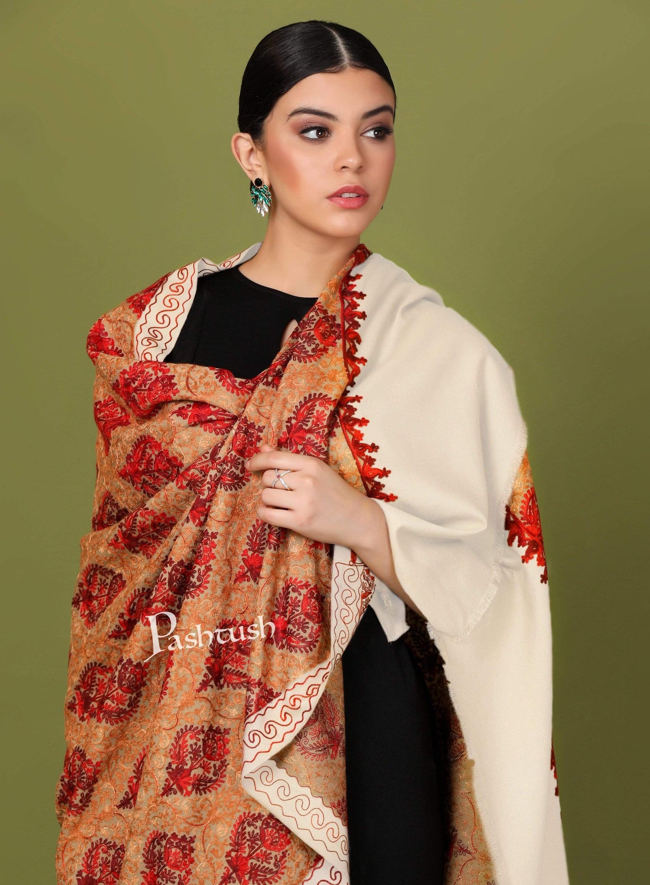 Pashtush Womens Shawl, Aari Embroidery, White – Pashtush Shawl Store