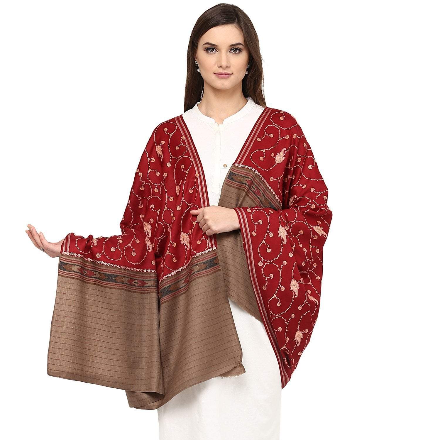 Pashtush Women's Wool Shawl Maroon Jaal embroidery with Coffee palla