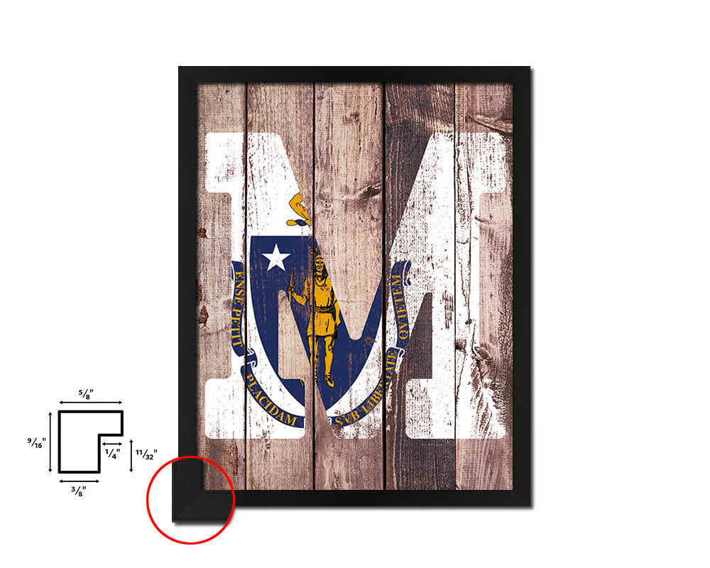 Massachusetts State Initial Flag Wood Framed Paper Print Decor Wall Art Gifts, Wood