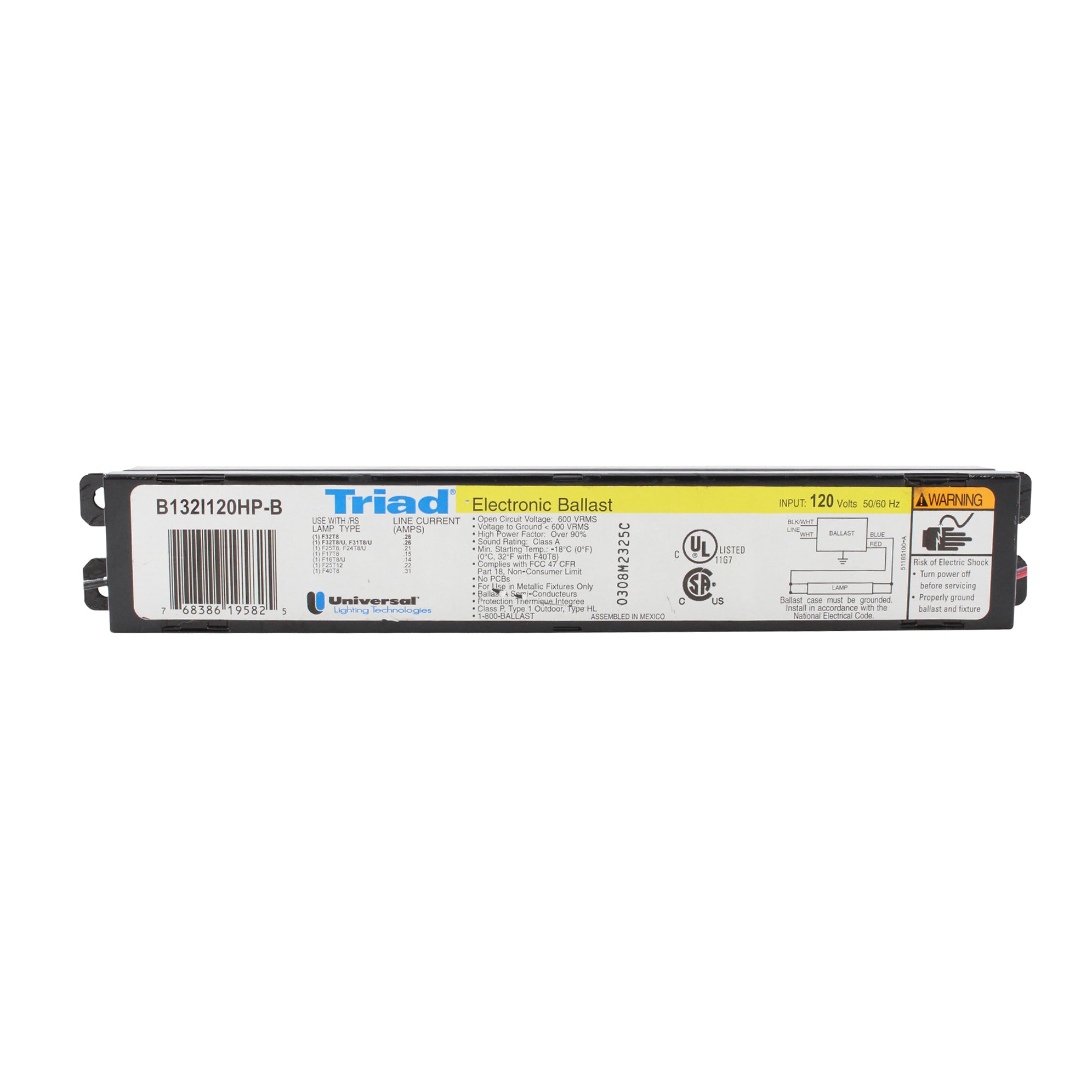 UNIVERSAL B132I120HP-B FLUORESCENT BALLAST, 1-LAMP, 32W T8, F32T8, 120V