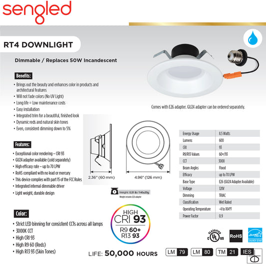 SENGLED RECESSED LED RETROFIT LIGHT, DIMMABLE, 3K, FITS 5 OR 6