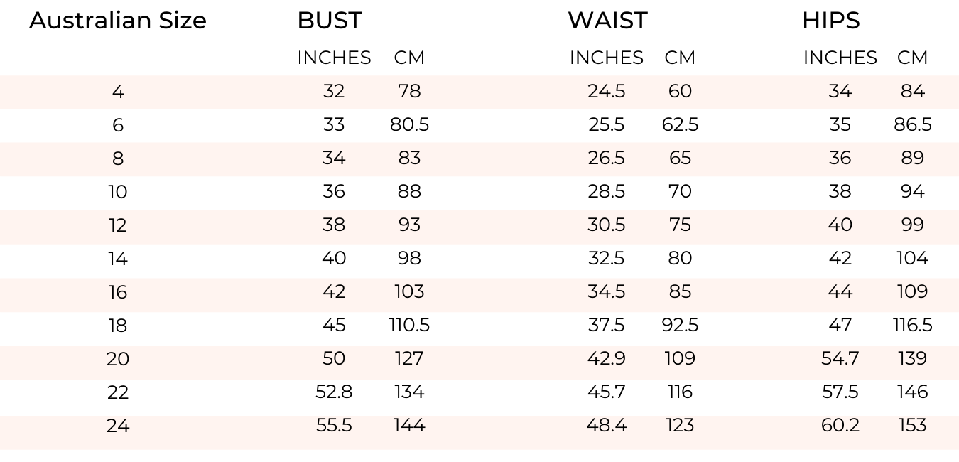 Australian Sizing Guide - Suki Boutique