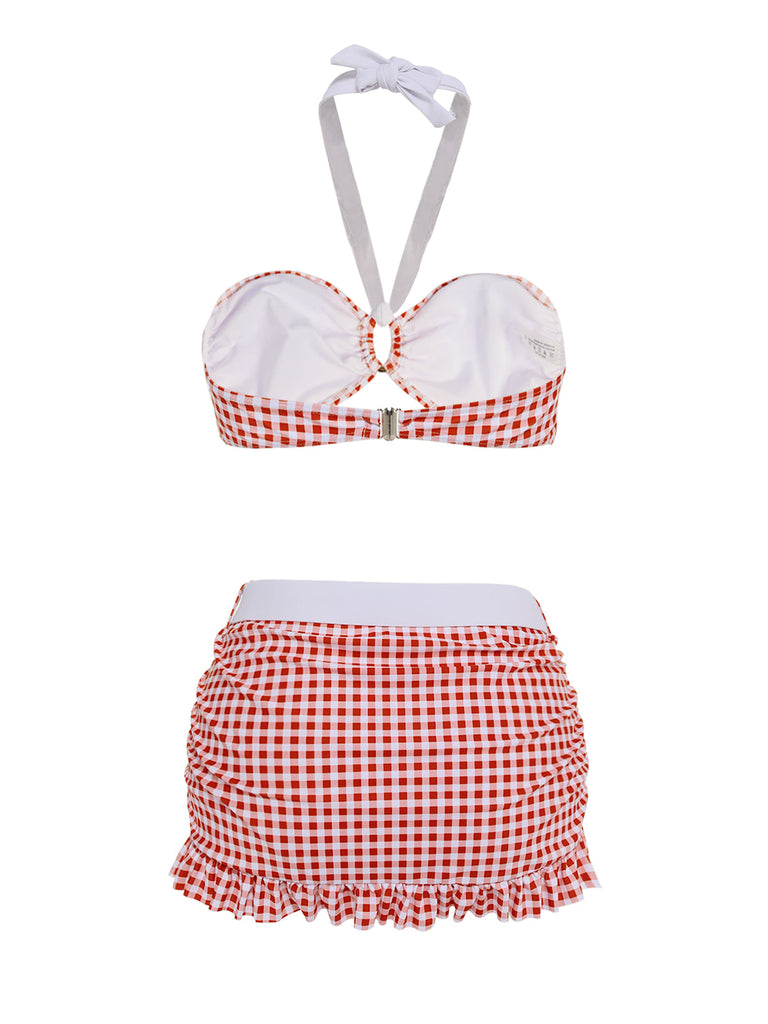 [US Warehouse] Retro Red 1940s Plaid Halter Bikini Set