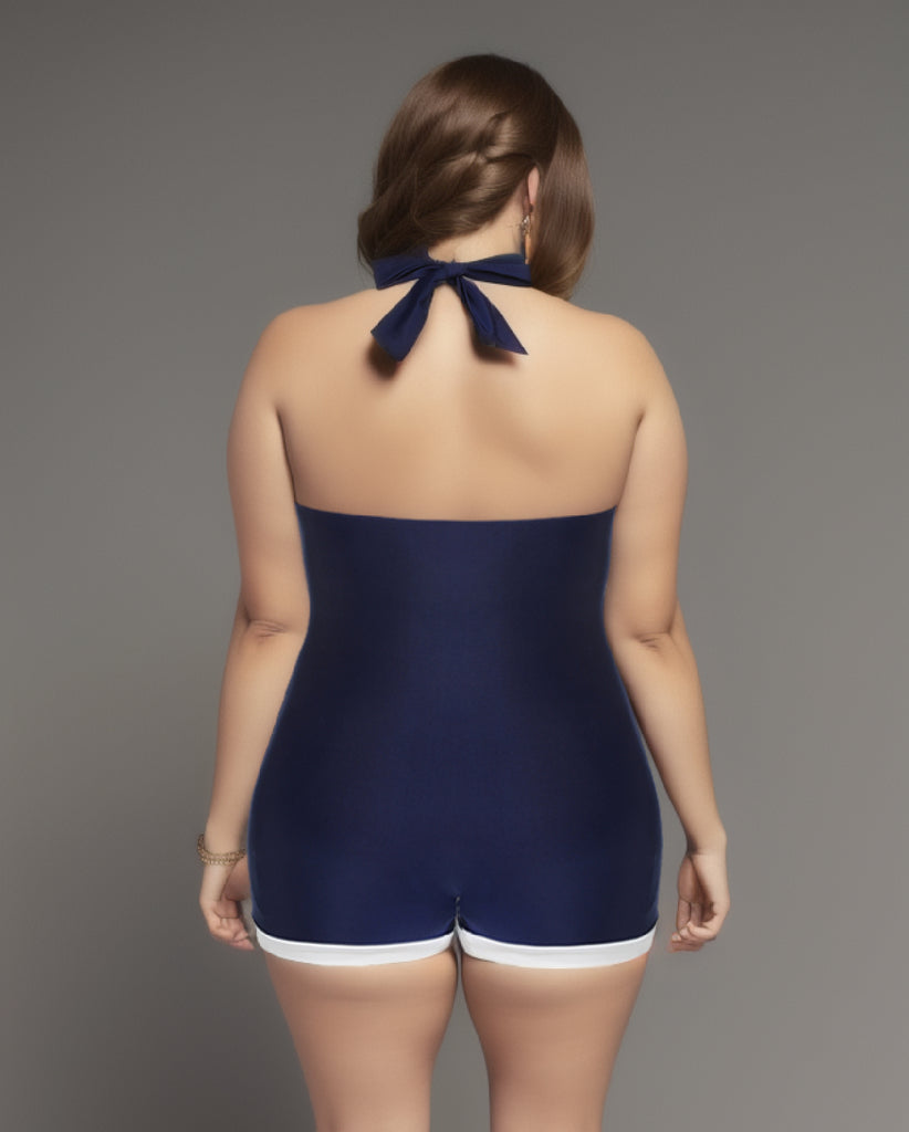 [Pre-sale] [Plus Size] Navy Blue 1950s Pleated Halter Swimsuit