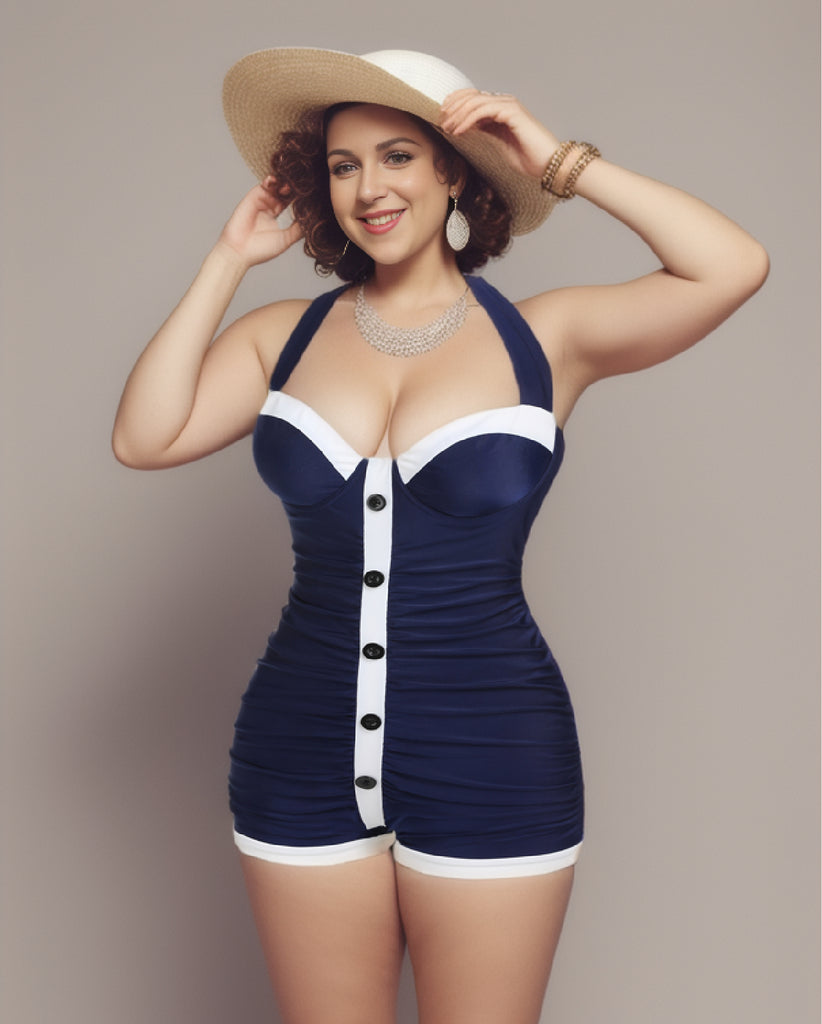 [Pre-sale] [Plus Size] Navy Blue 1950s Pleated Halter Swimsuit